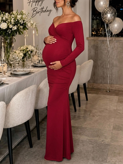 Cheriluna Maternity Elegant Solid Color Off-Shoulder Mermaid Maternity Dress For Photography