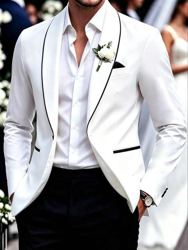 Manfinity Mode Men's White Slim Fit Black Trim Shawl Collar Suit Jacket And Trousers Set