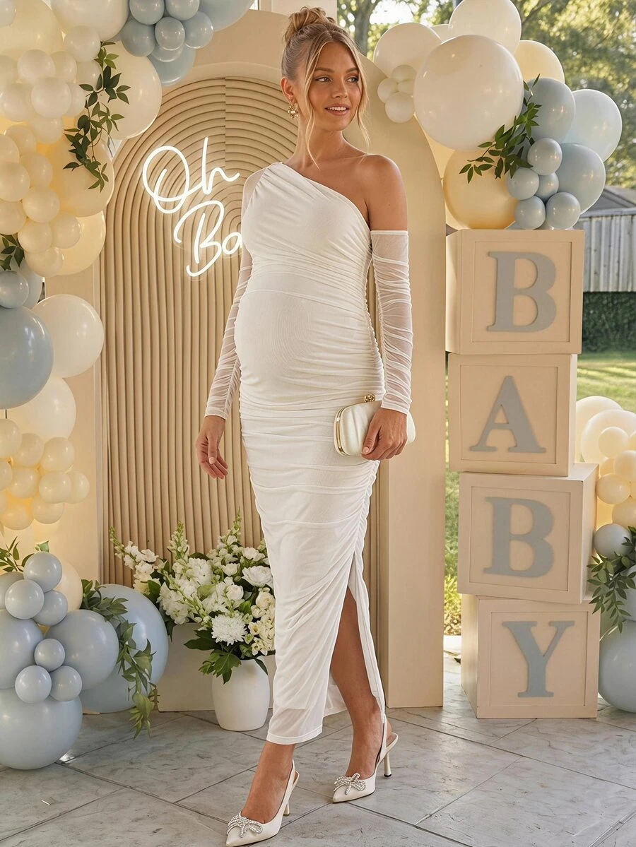 Loomaby Elegant Fashionable Asymmetrical Shoulder Ruched Side Slit Maternity Dress,Gender Reveal Dress,Maternity Dress,Baby Shower Dress Fall - White - View 1