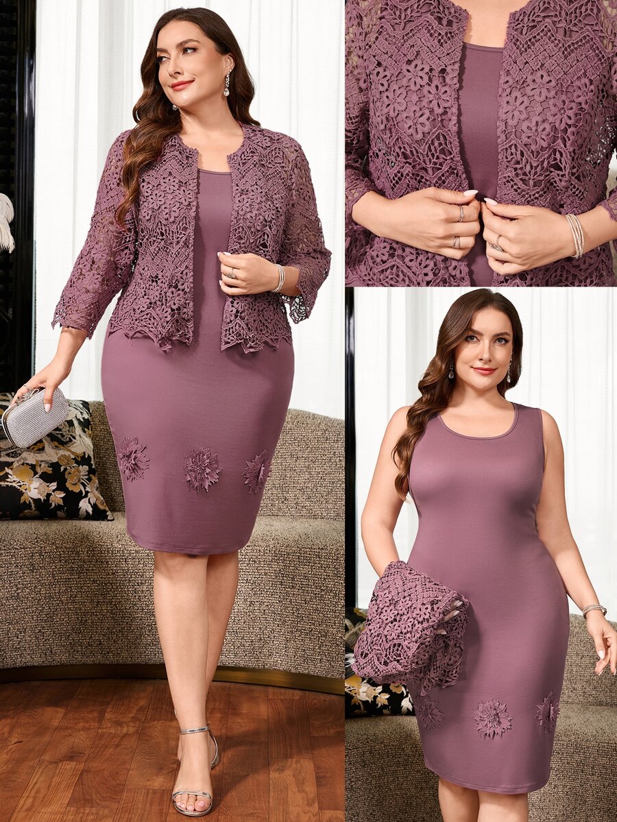 Reflora Plus Size Women's Applique Round Neck Dress And Cardigan Casual Daily 2-Piece Set Fall