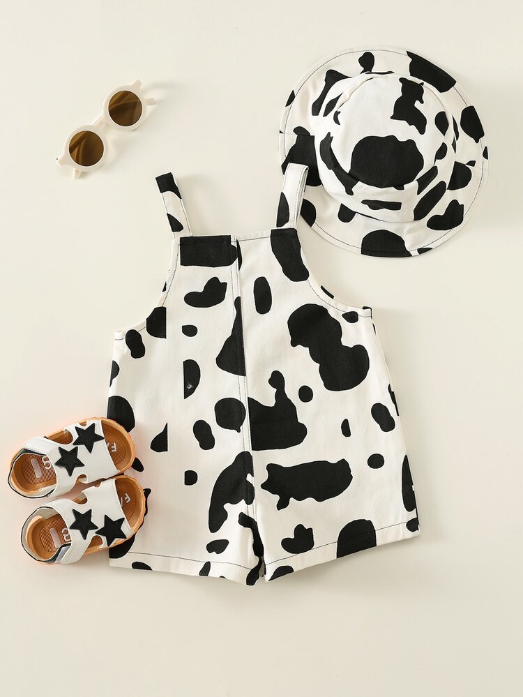 SHEIN Unisex Newborn Baby 2pcs Casual Cute Cow Print Denim Bib Shorts And Sun Hat Set,Boy Outfit Sets,Summer Clothes,Streetwear,Romper - Black and White - View 2