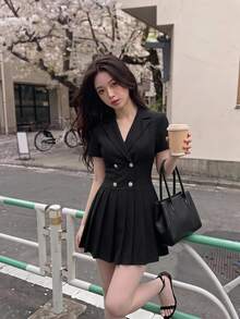 SHEIN MOD Women's Double-Breasted Stand Collar Pressed-Pleated Dress,Elegant Double Button Ruffle Hem Slim Fit Short Sleeve Black Gold Classy Office Summer - Black - View 1
