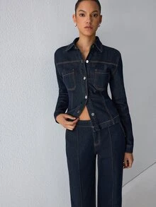 ATUI Studio Autumn Casual Business Elegant Women's Single-Breasted Versatile Daily Navy Blue Denim Top Night Out - Navy Blue - View 5