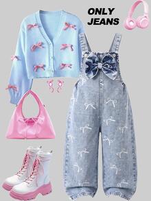SHEIN 女童牛仔吊帶褲，四季新款，時尚甜美風，復古淺藍牛仔，胸前3D大蝴蝶結設計，褲腿白色蝴蝶結印花圖案，時尚直筒寬鬆版型，柔軟舒適面料，百搭時尚風格，適合日常穿著、度假、旅行等場合，四季度假新款 - 淺色水洗藍 - 查看 9