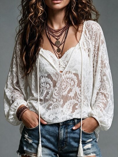 SHEIN Women's Summer White Hollow Floral Lace Top, V-Neck Tassel Tie Long Sleeve Loose Sheer Sun Protection Cover-Up, Crochet Mesh