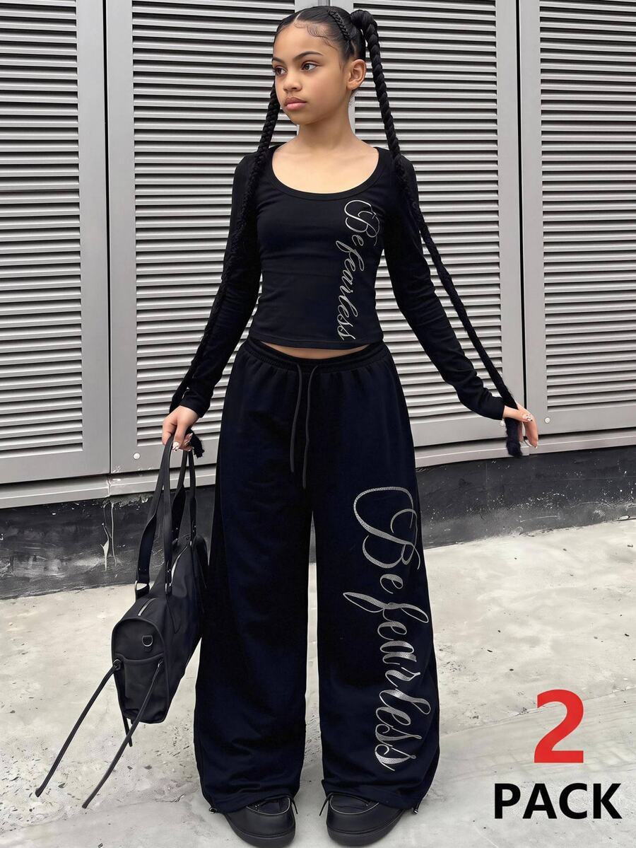 SHEIN 兒童青少年女孩秋季黑色針織運動風字母印花時尚街頭風休閒套裝 - 黑色 - 查看 1