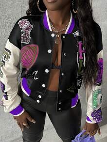 SHEIN CURVE+ Monogramm-Logo-Muster Luftschicht Off-Shoulder gestreifter Saum Farbblock Varsity-Jacke Herbst Fashion Week - Verschiedenfarbig - Übersicht 4