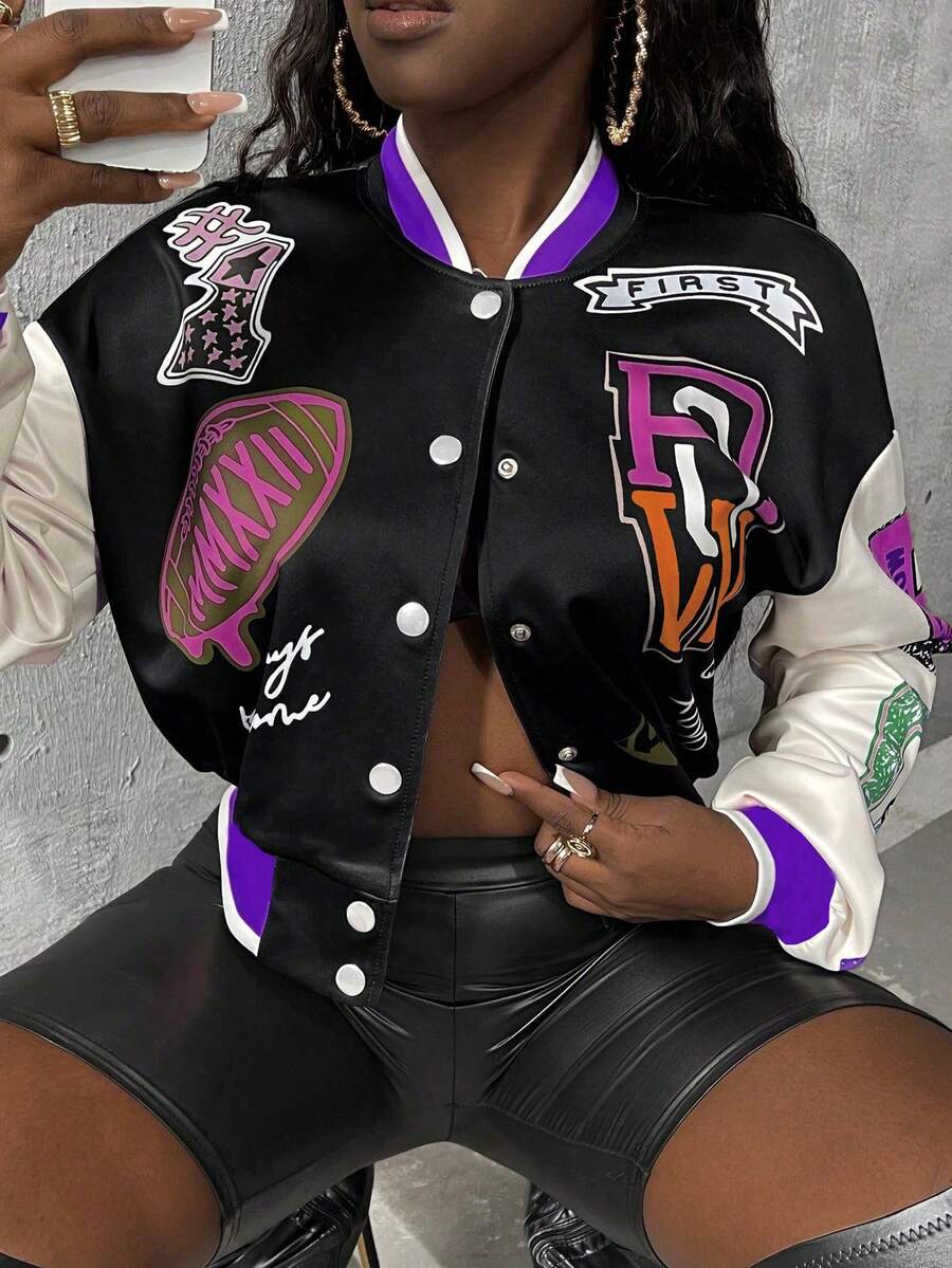 SHEIN CURVE+ Monogramm-Logo-Muster Luftschicht Off-Shoulder gestreifter Saum Farbblock Varsity-Jacke Herbst Fashion Week - Verschiedenfarbig - Übersicht 1