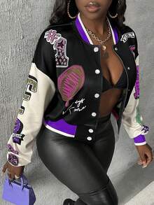 SHEIN CURVE+ Monogramm-Logo-Muster Luftschicht Off-Shoulder gestreifter Saum Farbblock Varsity-Jacke Herbst Fashion Week - Verschiedenfarbig - Übersicht 3
