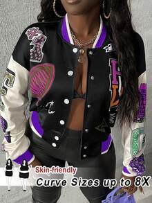 SHEIN CURVE+ Monogramm-Logo-Muster Luftschicht Off-Shoulder gestreifter Saum Farbblock Varsity-Jacke Herbst Fashion Week - Verschiedenfarbig - Übersicht 2