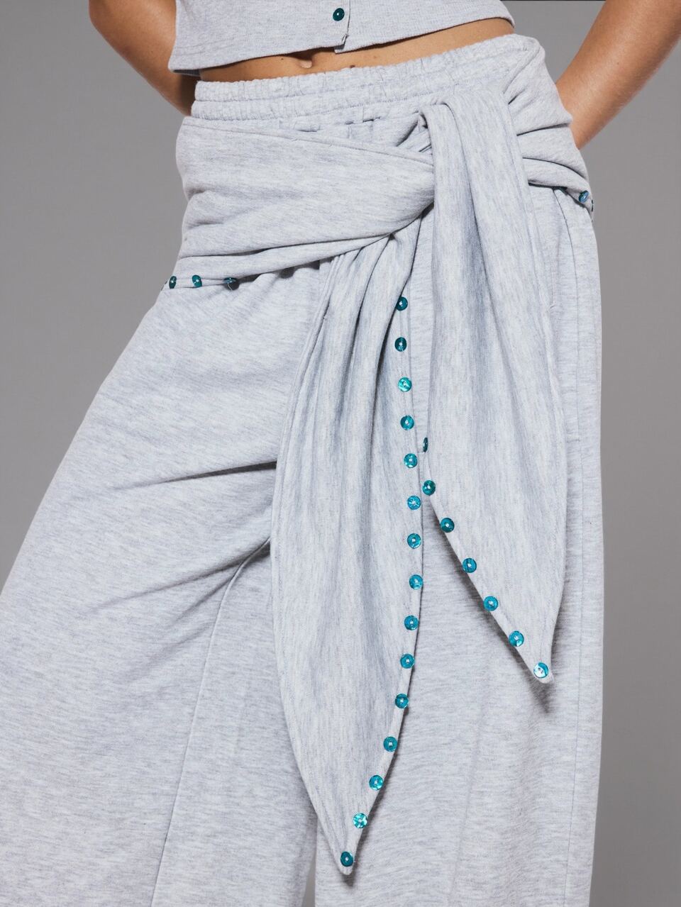 Grey Marl Button Embellished Tie Side Scarf Detail Elasticated Waist Wide Leg Jogger Coord Bottoms Only Cute Daily Everyday Coolgirl Undone