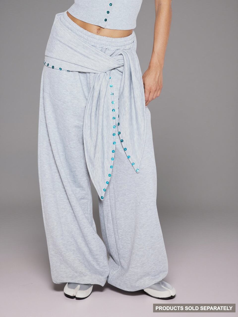 Grey Marl Button Embellished Tie Side Scarf Detail Elasticated Waist Wide Leg Jogger Coord Bottoms Only Cute Daily Everyday Coolgirl Undone