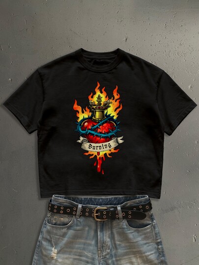 StoneGrade American Retro Flame Cross Heart Fashion Print Men's Black Standard Size Cropped Loose Fit Short Sleeve T-Shirt
