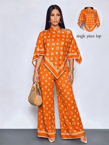 SOLERSUN 性感優雅女款露肩襯衫，休閒藝術圖案，春夏女裝，不規則下擺，復古風，派對/度假上衣 - 橘色 - 查看 3