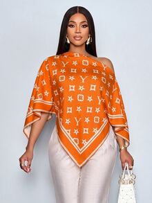SOLERSUN 性感優雅女款露肩襯衫，休閒藝術圖案，春夏女裝，不規則下擺，復古風，派對/度假上衣 - 橘色 - 查看 8