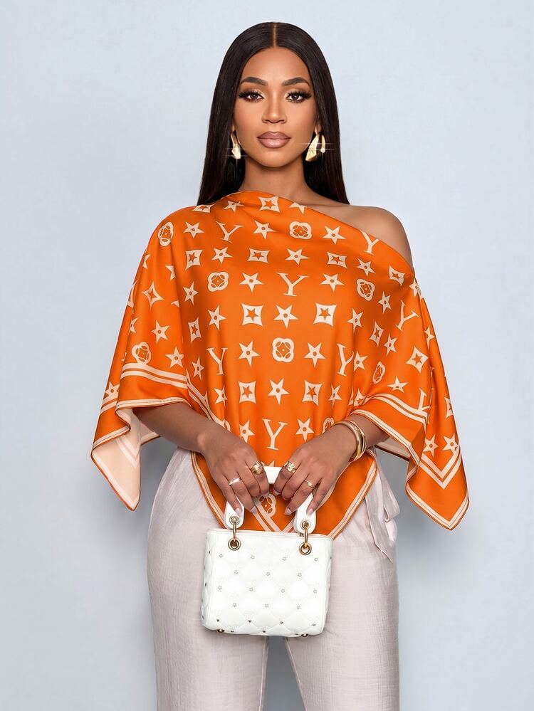 SOLERSUN Sexy And Elegant Women's Off-Shoulder Shirt With Casual Artistic Pattern, Spring/Summer Women's Clothing, Irregular Hem, Vintage Style, Party/Vacation Top. - Orange - View 9