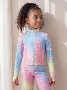 SHEIN Young Girls Activewear Sets Cute Star Gradient Print Pattern, Gym Outfit For Young Girls Set. Jacket With Thumb Hole Detail Design And Legging. Back To School Autumn/Winter Style - Multicolor - View 6