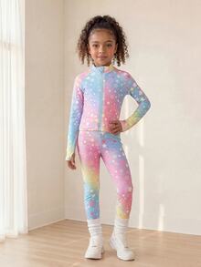 SHEIN Young Girls Activewear Sets Cute Star Gradient Print Pattern, Gym Outfit For Young Girls Set. Jacket With Thumb Hole Detail Design And Legging. Back To School Autumn/Winter Style - Multicolor - View 5