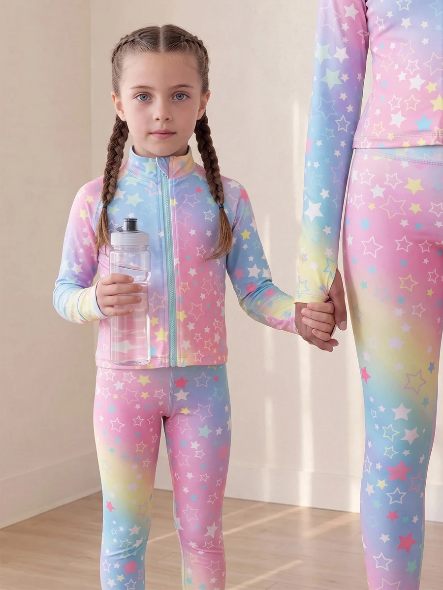 SHEIN Young Girls Activewear Sets Cute Star Gradient Print Pattern, Gym Outfit For Young Girls Set. Jacket With Thumb Hole Detail Design And Legging. Back To School Autumn/Winter Style - Multicolor - View 1
