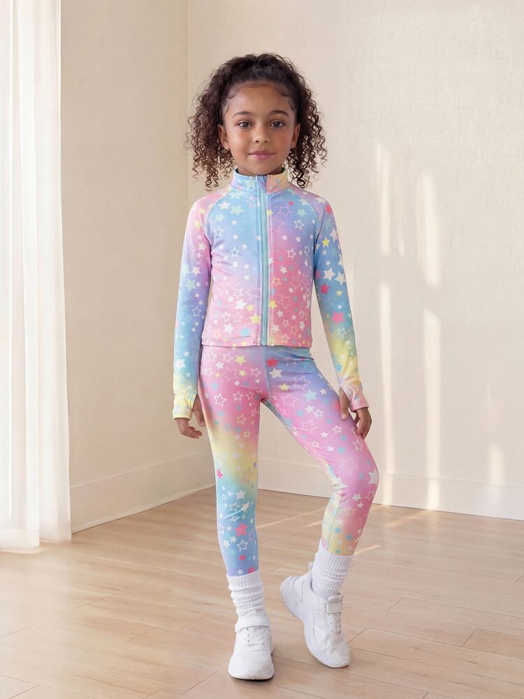 SHEIN Young Girls Activewear Sets Cute Star Gradient Print Pattern, Gym Outfit For Young Girls Set. Jacket With Thumb Hole Detail Design And Legging. Back To School Autumn/Winter Style - Multicolor - View 3
