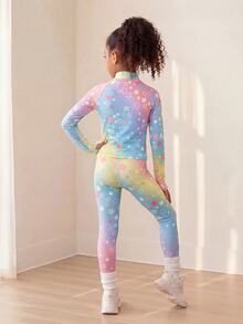 SHEIN Young Girls Activewear Sets Cute Star Gradient Print Pattern, Gym Outfit For Young Girls Set. Jacket With Thumb Hole Detail Design And Legging. Back To School Autumn/Winter Style - Multicolor - View 4