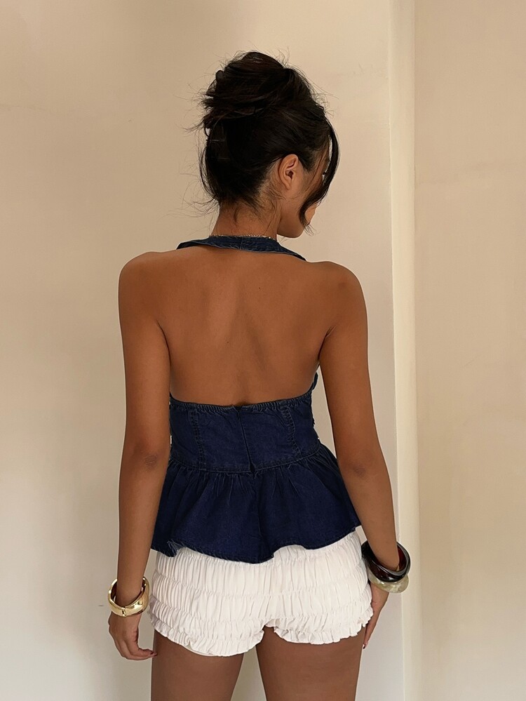 Aloruh Women's Studded Decor Deep V-Neck Pleated Fashion Halter Neck Denim Top - Dark Wash - View 2