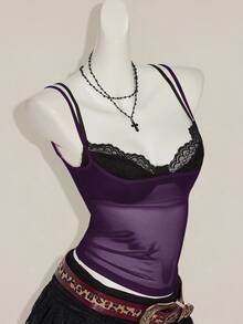 SHEIN ICON 两件套女士红色薄纱吊带背心和黑色蕾丝细肩带文胸套装 - 彩色 - 查看 6