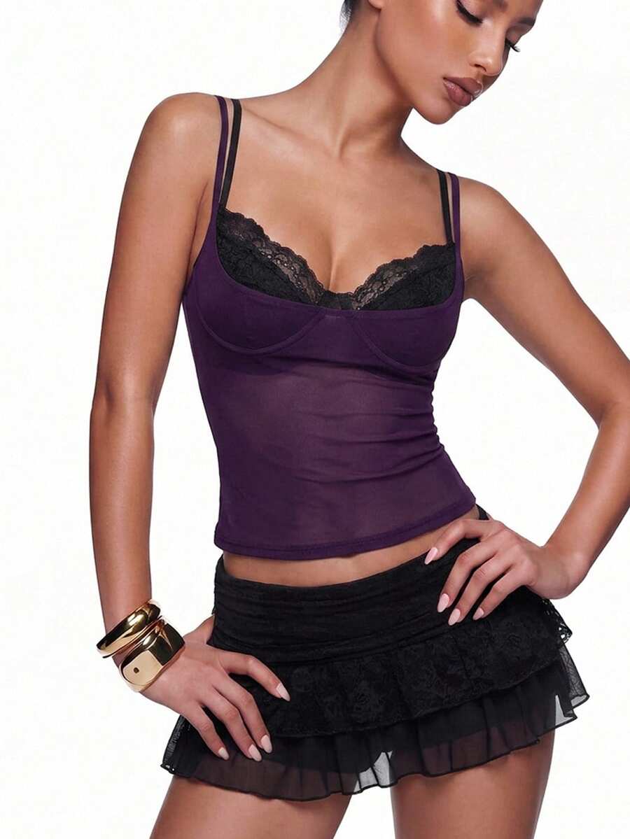 SHEIN ICON 2pcs Women's Red Sheer Camisole Top & Black Lace Spaghetti Strap Bra Set - Multicolor - View 1