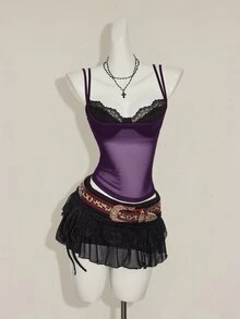 SHEIN ICON 两件套女士红色薄纱吊带背心和黑色蕾丝细肩带文胸套装 - 彩色 - 查看 4