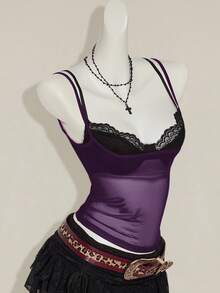 SHEIN ICON 两件套女士红色薄纱吊带背心和黑色蕾丝细肩带文胸套装 - 彩色 - 查看 5