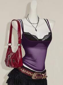 SHEIN ICON 两件套女士红色薄纱吊带背心和黑色蕾丝细肩带文胸套装 - 彩色 - 查看 9