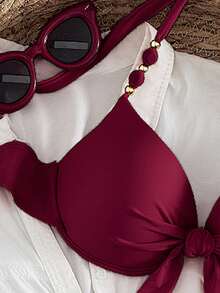 Swim Vcay Women's Summer Beach Solid Color Ruched Halter Tie Sexy Bikini And Triangle Panty Swimwear Set - Red Violet - View 6