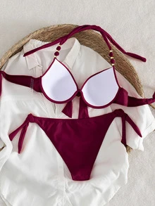 Swim Vcay Women's Summer Beach Solid Color Ruched Halter Tie Sexy Bikini And Triangle Panty Swimwear Set - Red Violet - View 4