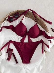 Swim Vcay Women's Summer Beach Solid Color Ruched Halter Tie Sexy Bikini And Triangle Panty Swimwear Set - Red Violet - View 3