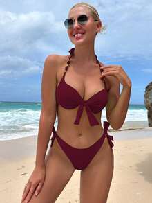 Swim Vcay Women's Summer Beach Solid Color Ruched Halter Tie Sexy Bikini And Triangle Panty Swimwear Set - Red Violet - View 2