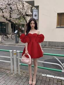 SHEIN MOD Elegant Short Solid Color Off Shoulder Ruffled Sleeved Women Summer Dress - Red - View 1