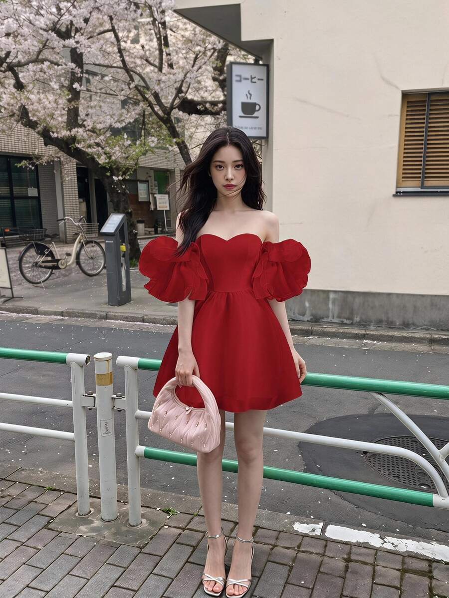 SHEIN MOD Elegant Short Solid Color Off Shoulder Ruffled Sleeved Women Summer Dress - Red - View 1