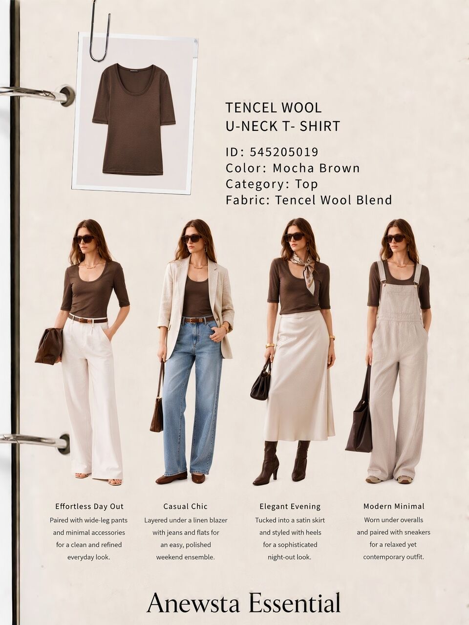 Anewsta Spring/Autumn New French Minimalist All-Match Standard Size Women's U-Neck T-Shirt, Mid-Sleeve Brown Tencel Wool Ribbed Top, Slim Fit Flattering Commute Versatile Base Layer Casual Outing Top