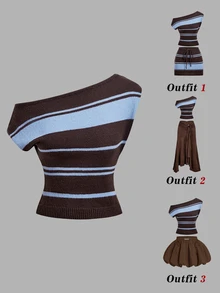 SHEIN MOD Women's Striped One Shoulder Knit Shirt Chic Short Sleeve Top,Ribbed Tops For Women,New Arrivals In Ladies Top Knit,Autumn Wardrobe Styling - Multicolor - View 6