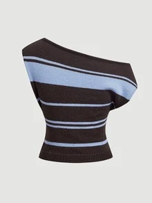 SHEIN MOD Women's Striped One Shoulder Knit Shirt Chic Short Sleeve Top,Ribbed Tops For Women,New Arrivals In Ladies Top Knit,Autumn Wardrobe Styling - Multicolor - View 5