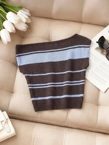 SHEIN MOD Women's Striped One Shoulder Knit Shirt Chic Short Sleeve Top,Ribbed Tops For Women,New Arrivals In Ladies Top Knit,Autumn Wardrobe Styling - Multicolor - View 3