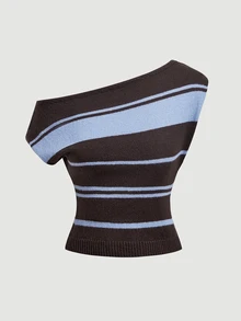 SHEIN MOD Women's Striped One Shoulder Knit Shirt Chic Short Sleeve Top,Ribbed Tops For Women,New Arrivals In Ladies Top Knit,Autumn Wardrobe Styling - Multicolor - View 4
