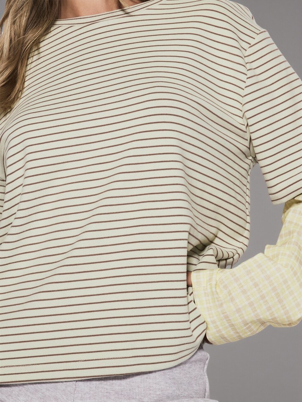 Multi Colour Stripe Checkered Layered Long Sleeve Crewneck Tee Cute Daily Everyday Coolgirl Undone
