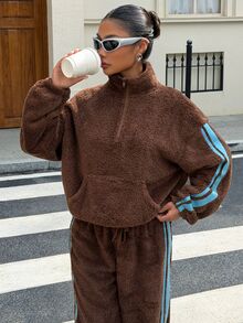 Muchica 女款高領拉鍊長袖套頭運動衫，秋冬長袖上衣 - 棕色 - 查看 5