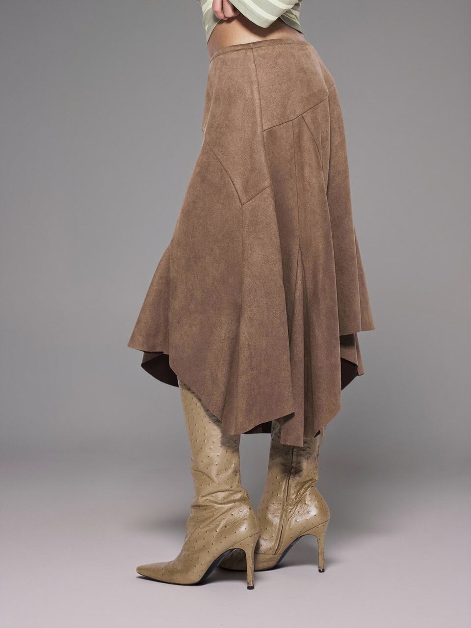 Suede Style Seam Asymmetric Hem Low Rise Loose Fit Midi Skirt Cute Daily Everyday Coolgirl Undone