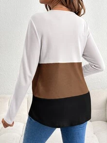 SHEIN 休閒孕婦哺乳對比色圓領長袖T恤 秋季 - 黑與白 - 查看 2