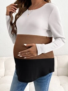 SHEIN 休閒孕婦哺乳對比色圓領長袖T恤 秋季 - 黑與白 - 查看 5