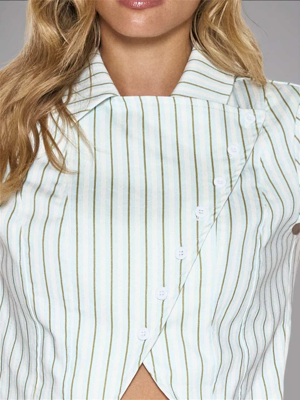 Striped Asymmetric Button Through Split Hem Collared Shirt Blouse Cute Daily Everyday Coolgirl Undone