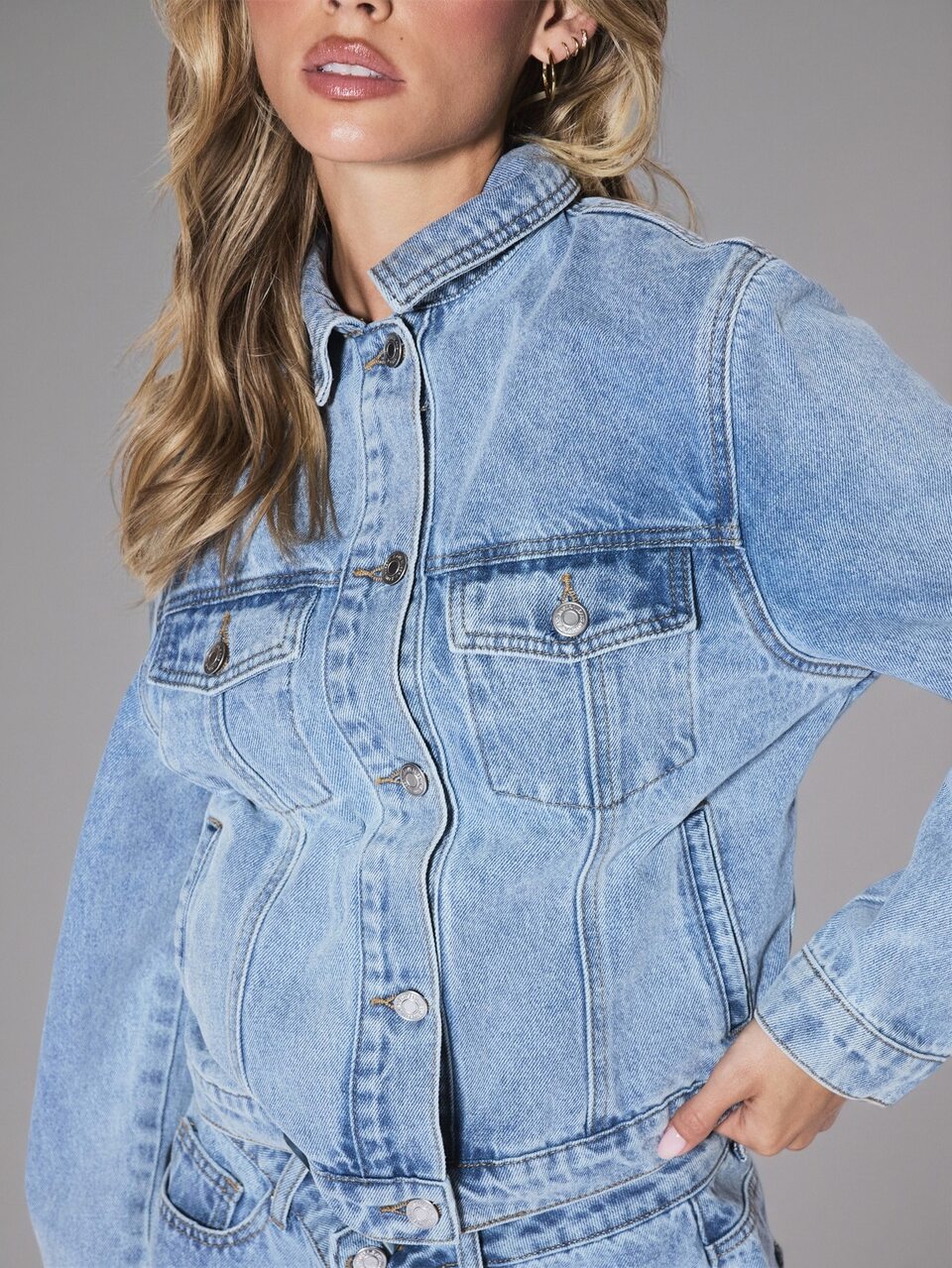 Light Blue Washed Button Through Slim Fit Denim Jacket Coord Top Only Cute Daily Everyday Coolgirl Undone