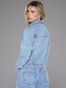 MUSERA Light Blue Washed Button Through Slim Fit Denim Jacket Coord Top Only Cute Daily Everyday Coolgirl Undone Day Time Autumn Casual Streetwear - Baby Blue - View 4